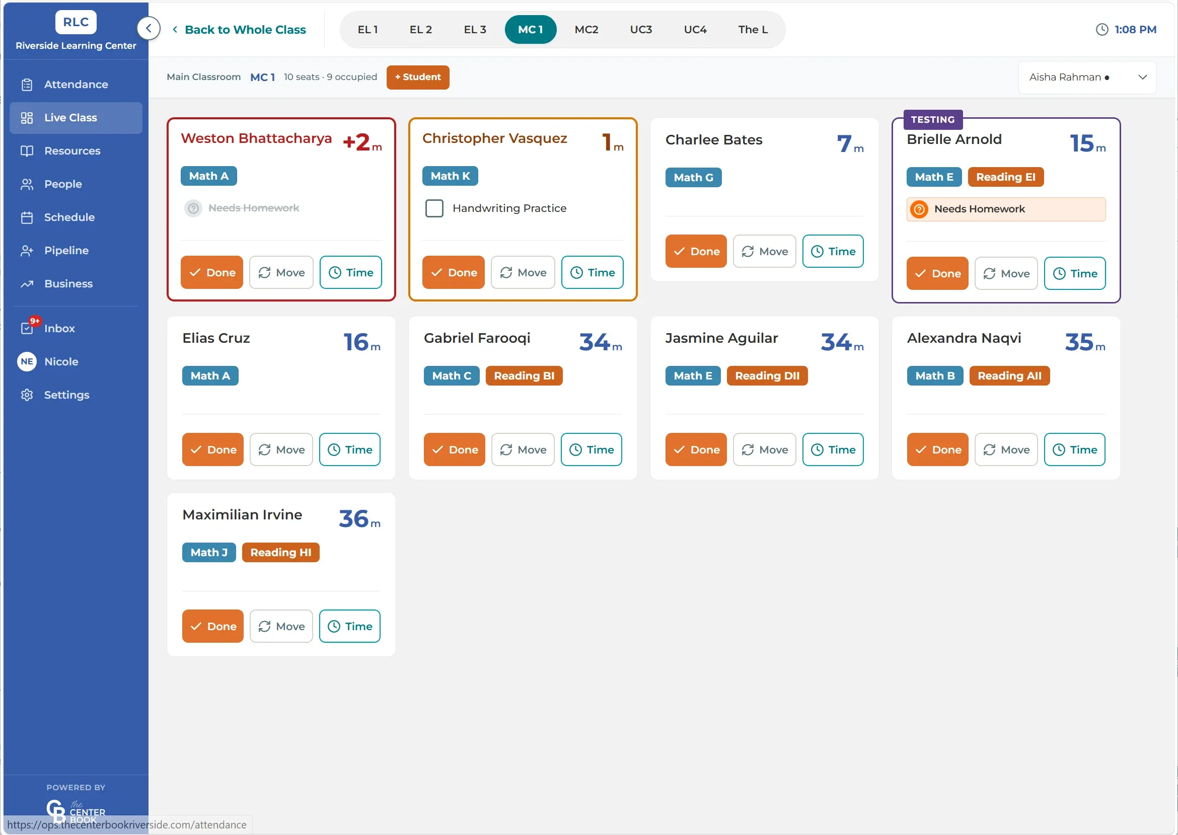 The Center Book live classroom, showing a tutor's roster of students in session with attendance and progress tracked in one view